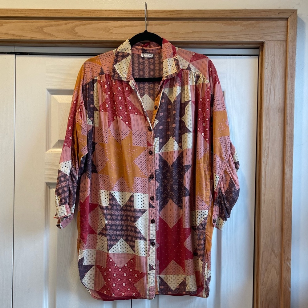 Free People Printed Patchwork Button Down Shirt